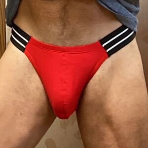 Red with black waist band ribbed sexy brief.